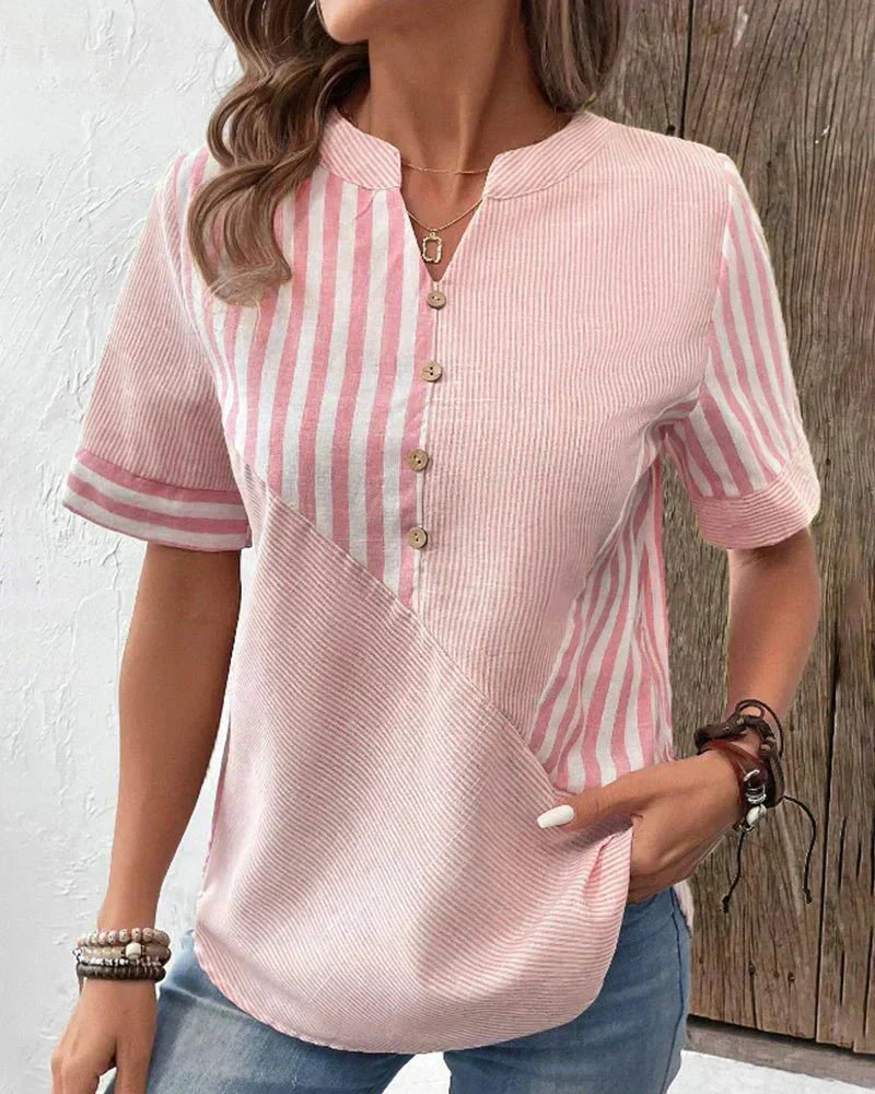 Women's Patchwork Stripe Blouse with Button Front