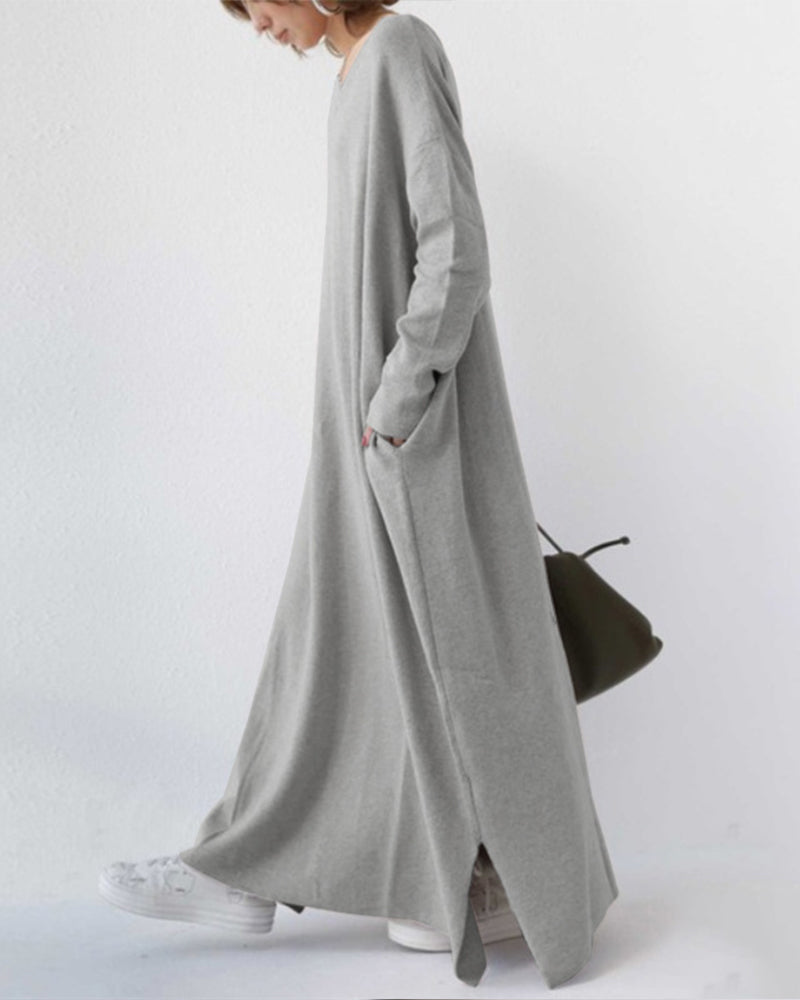 Women's Oversized Maxi Dress with V-Neck Long Sleeves