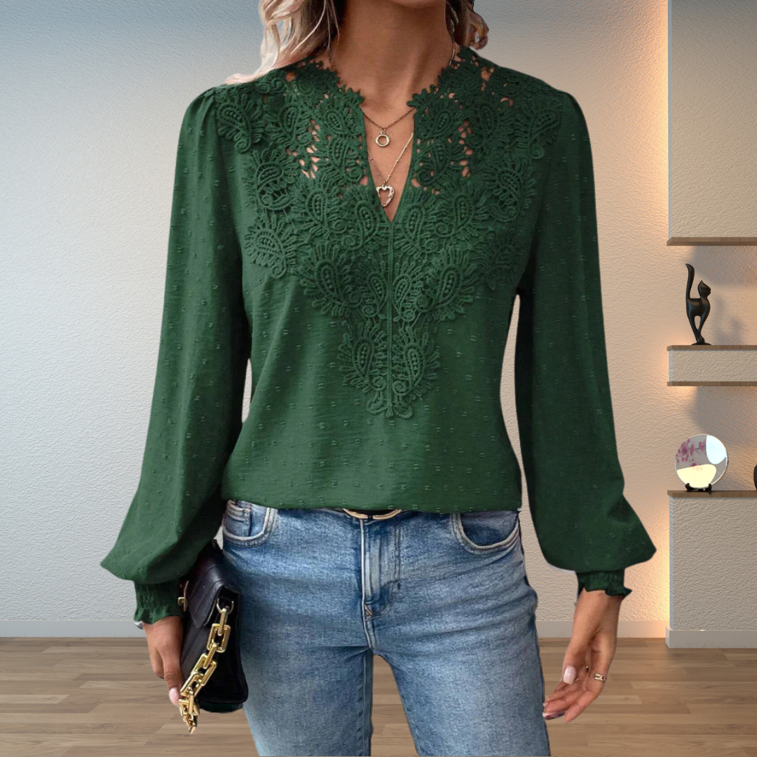 Women's Long Sleeve Blouse with V-Neck and Lace Detail