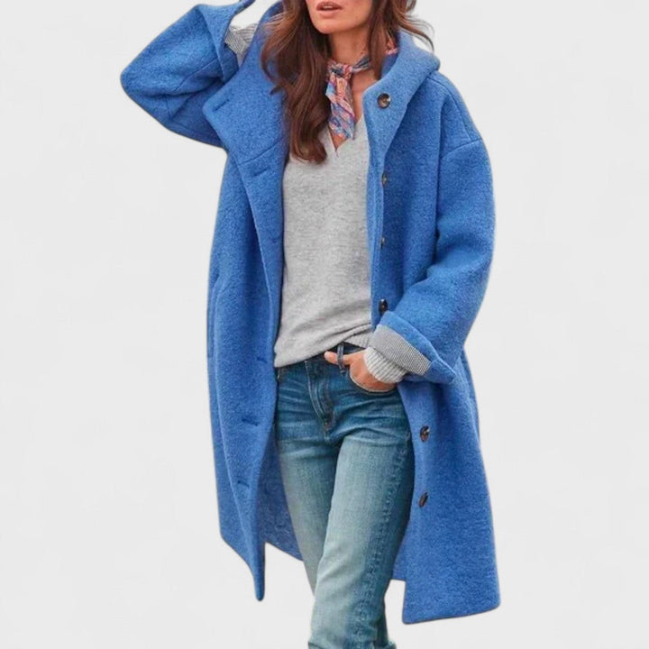 Women's Double Breasted Longline Coat with Button Front and Hood