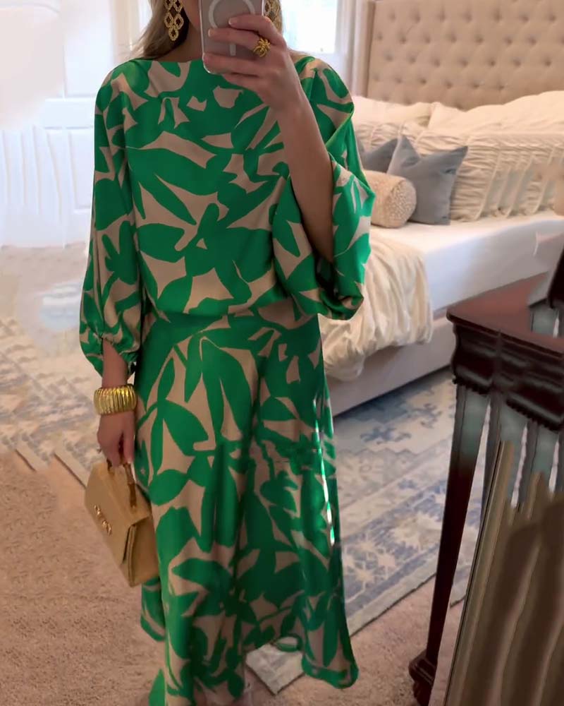 Women's Printed Long Sleeve Top and Midi Skirt Set