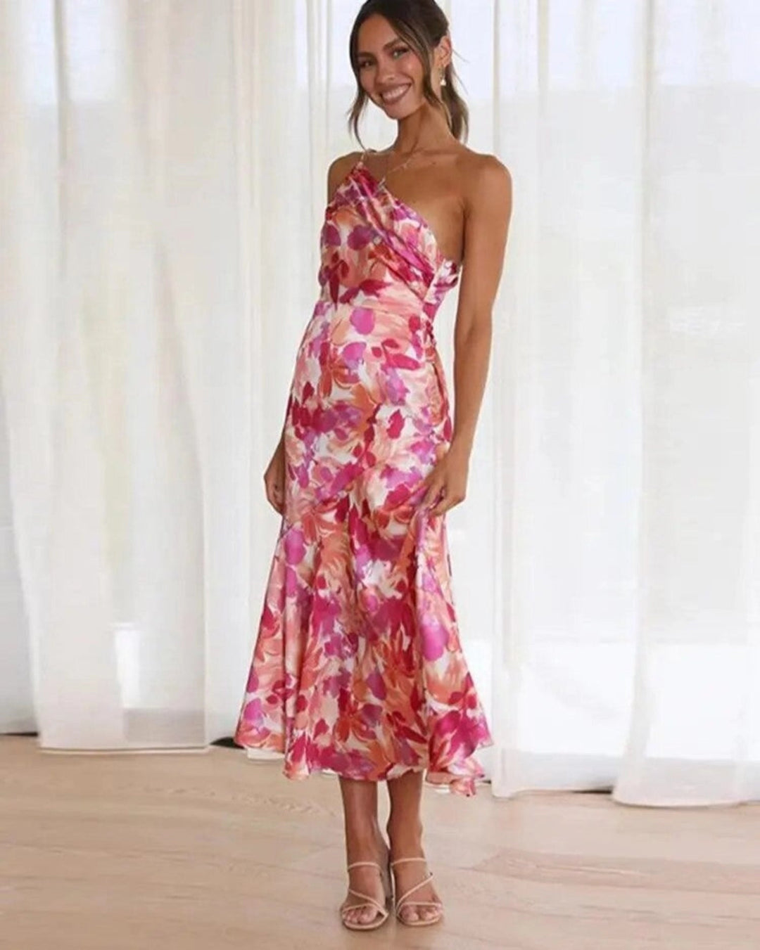 Women's Floral One-Shoulder Midi Dress with Draped Bodice
