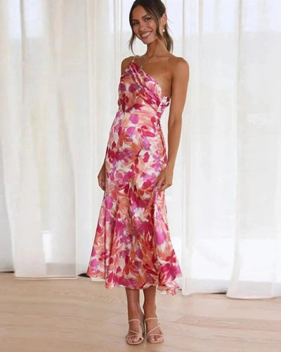 Women's Floral One-Shoulder Midi Dress with Draped Bodice