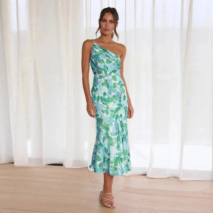 Women's Floral One-Shoulder Midi Dress with Draped Bodice