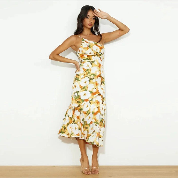 Women's Floral One-Shoulder Midi Dress with Draped Bodice