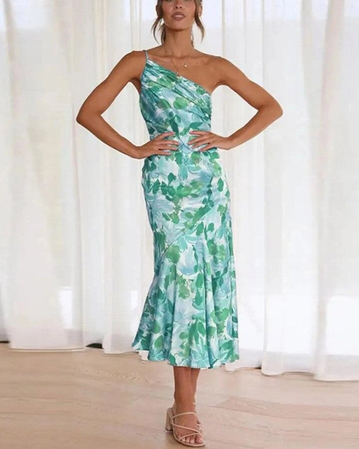 Women's Floral One-Shoulder Midi Dress with Draped Bodice