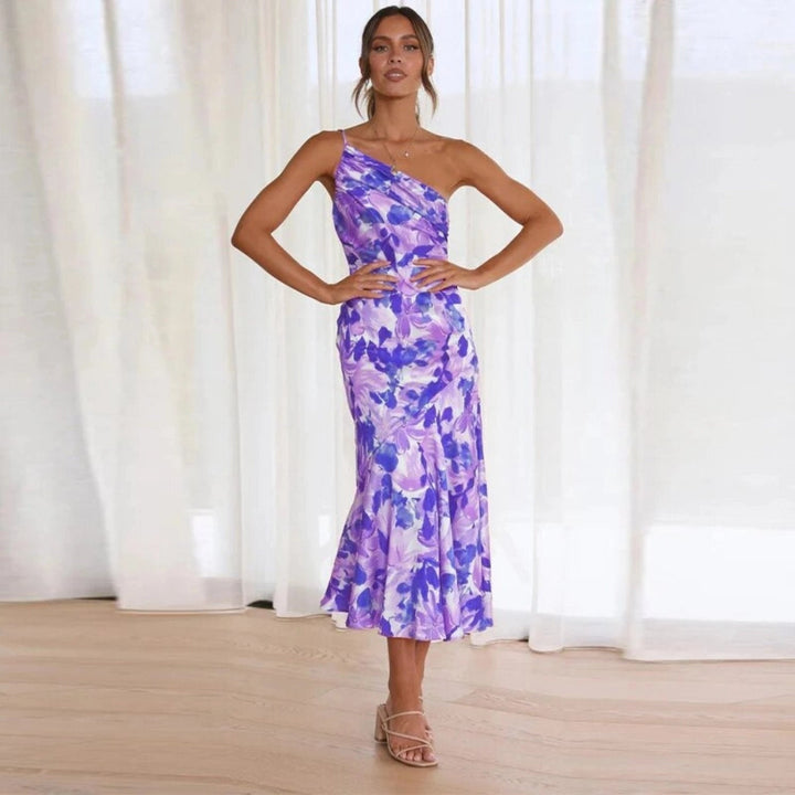 Women's Floral One-Shoulder Midi Dress with Draped Bodice