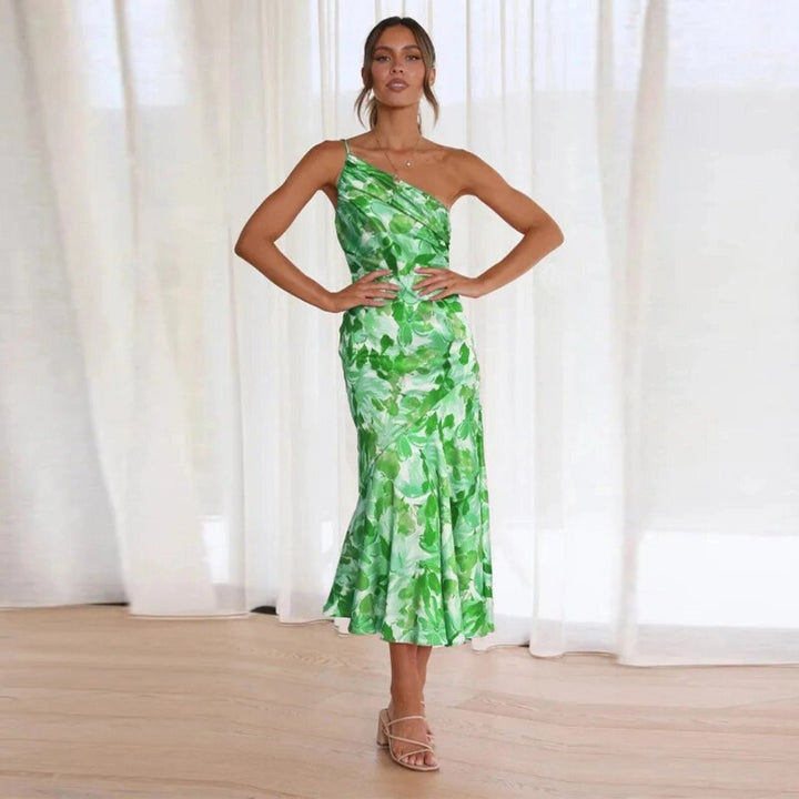 Women's Floral One-Shoulder Midi Dress with Draped Bodice