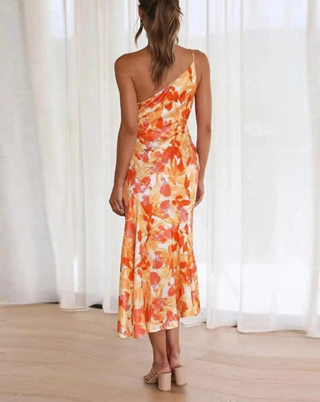 Women's Floral One-Shoulder Midi Dress with Draped Bodice