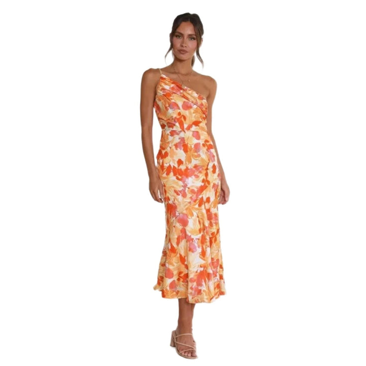 Women's Floral One-Shoulder Midi Dress with Draped Bodice