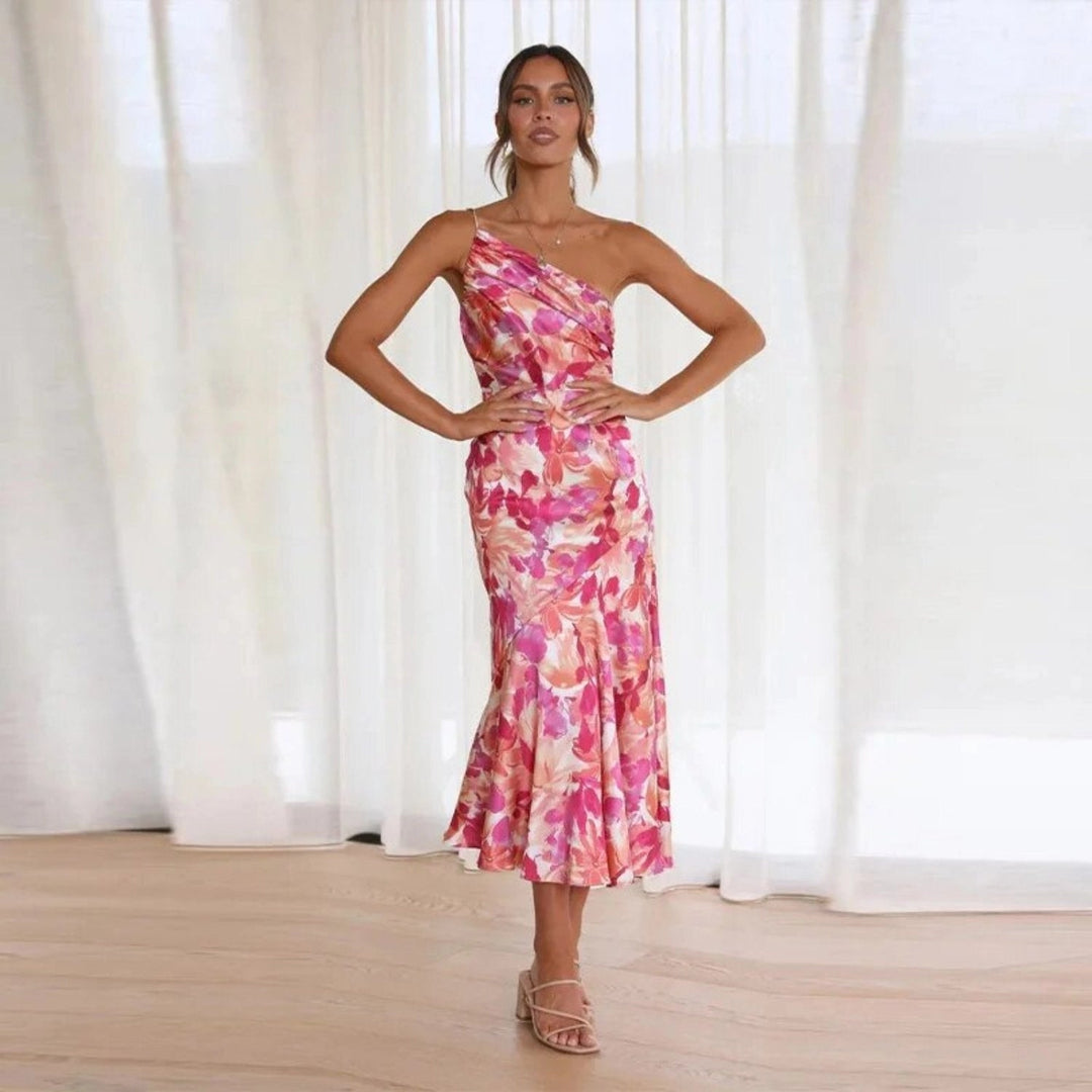 Women's Floral One-Shoulder Midi Dress with Draped Bodice