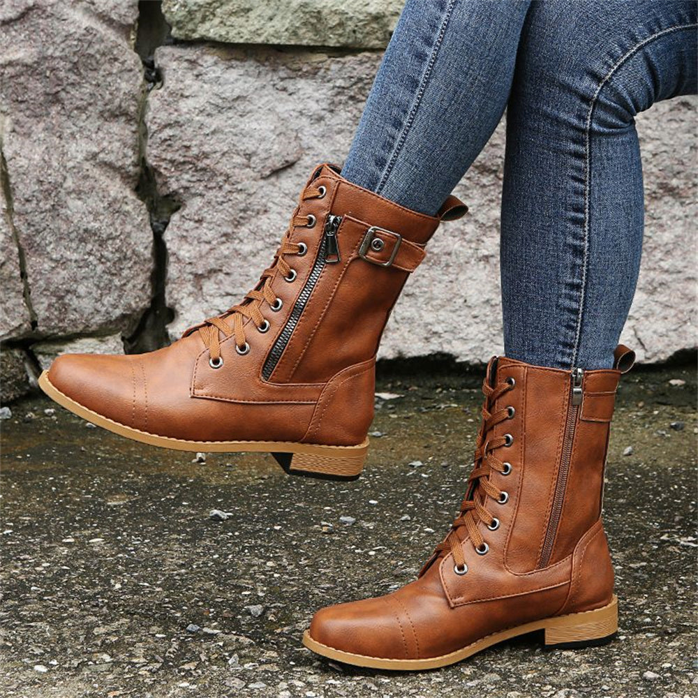 Women's Mid-Calf Boots with Ankle Strap Rounded Toe