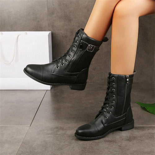 Women's Mid-Calf Boots with Ankle Strap Rounded Toe