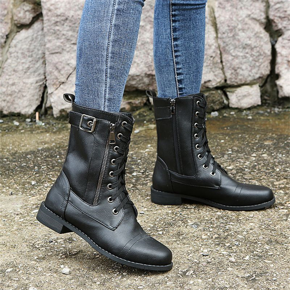Women's Mid-Calf Boots with Ankle Strap Rounded Toe