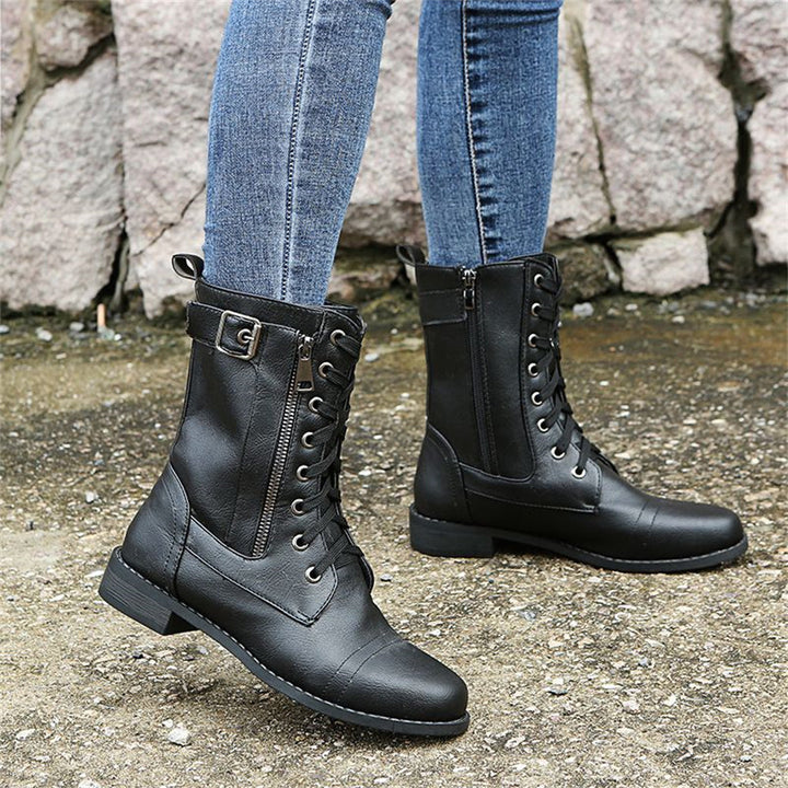 Women's Mid-Calf Boots with Ankle Strap Rounded Toe