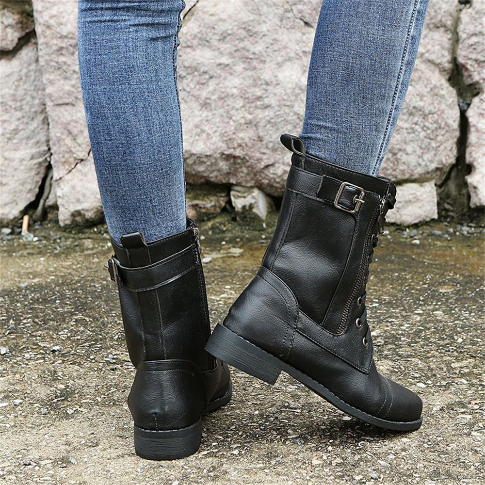 Women's Mid-Calf Boots with Ankle Strap Rounded Toe