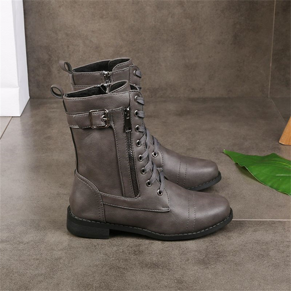 Women's Mid-Calf Boots with Ankle Strap Rounded Toe