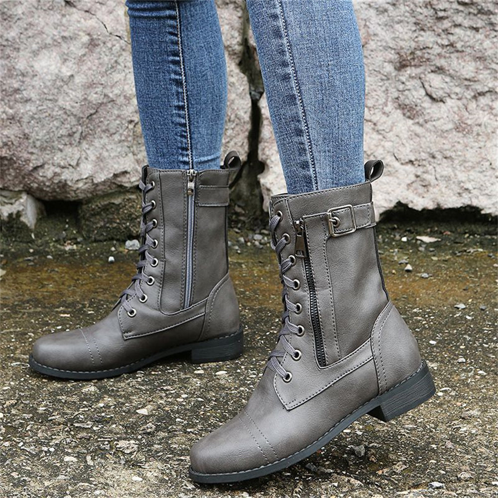 Women's Mid-Calf Boots with Ankle Strap Rounded Toe