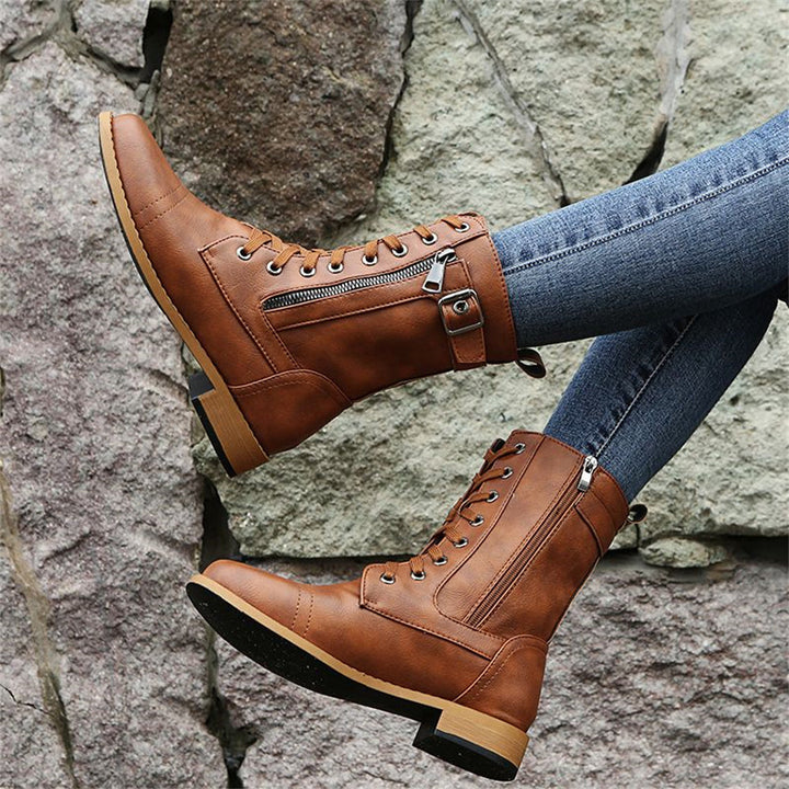 Women's Mid-Calf Boots with Ankle Strap Rounded Toe