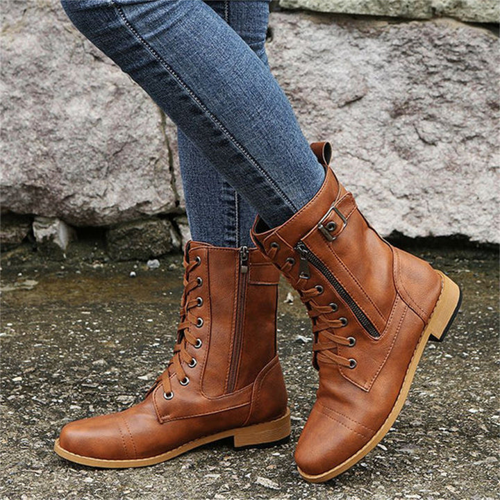 Women's Mid-Calf Boots with Ankle Strap Rounded Toe
