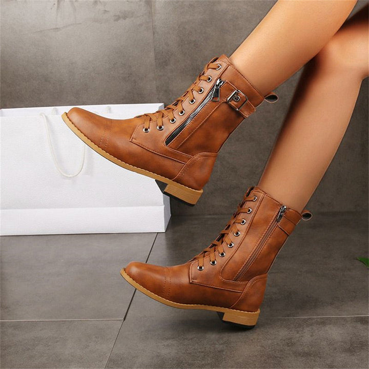 Women's Mid-Calf Boots with Ankle Strap Rounded Toe