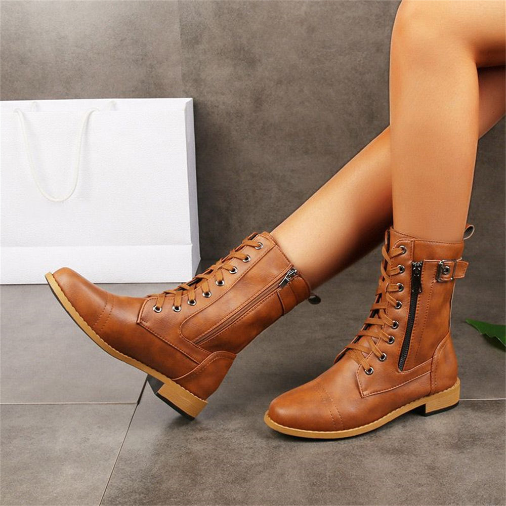 Women's Mid-Calf Boots with Ankle Strap Rounded Toe