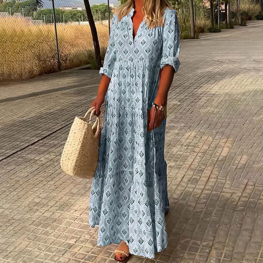 Women's Boho Maxi Dress with V-Neck and Roll-Up Sleeves