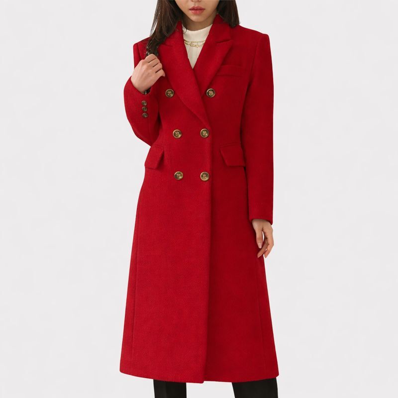 Women's Longline Double Breasted Coat with Notched Lapel