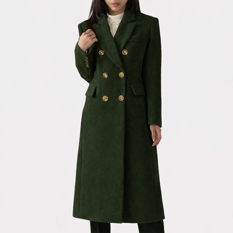 Women's Longline Double Breasted Coat with Notched Lapel