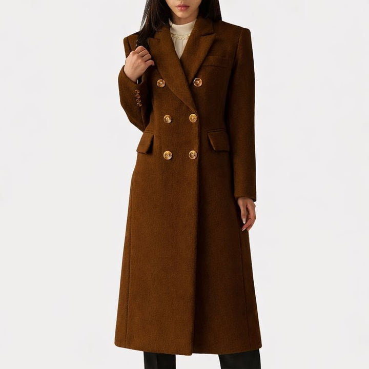 Women's Longline Double Breasted Coat with Notched Lapel