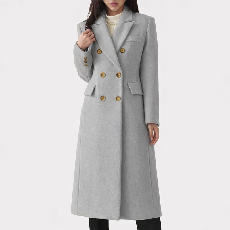 Women's Longline Double Breasted Coat with Notched Lapel