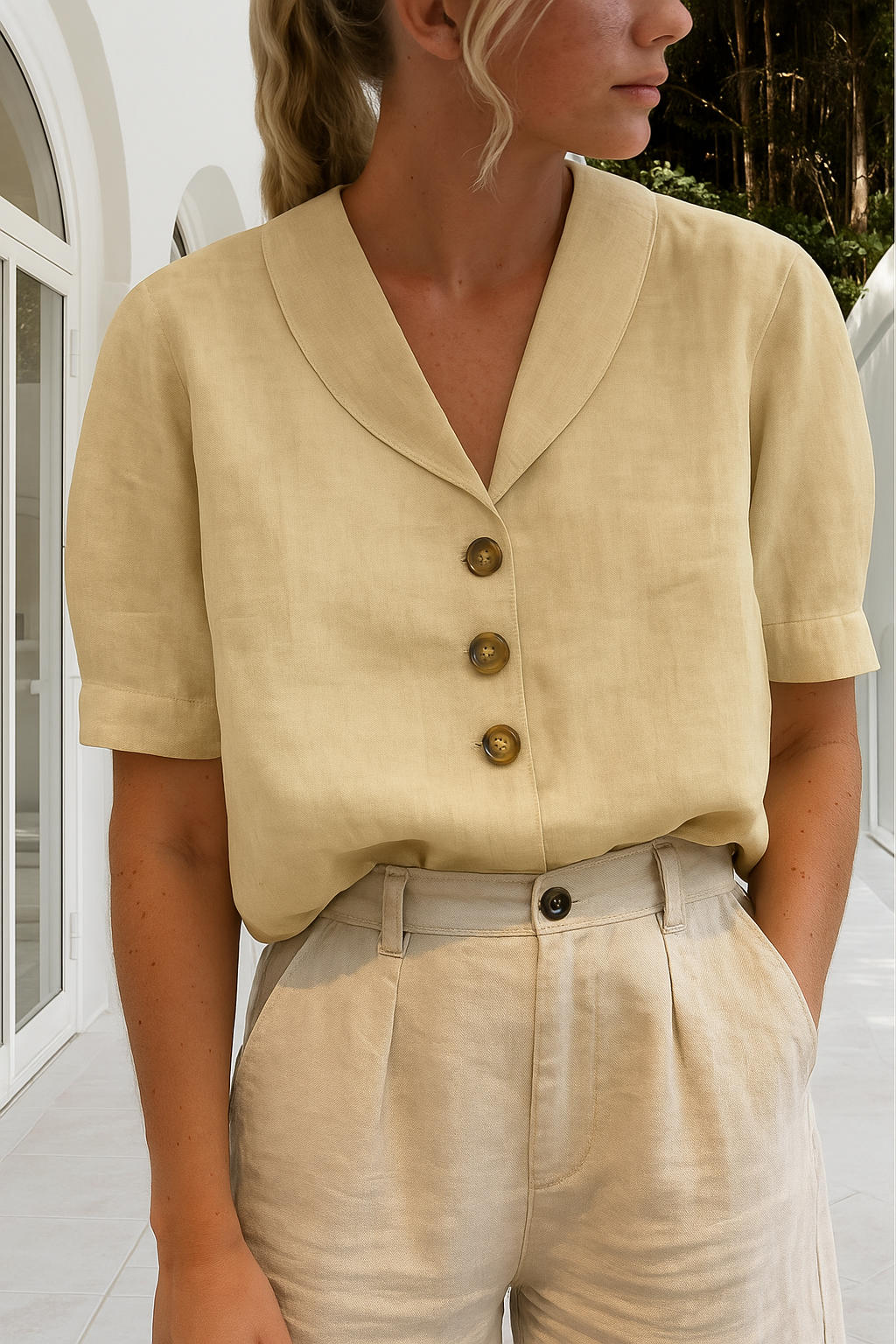 Women's V-Neck Blouse with Button Front and Collar