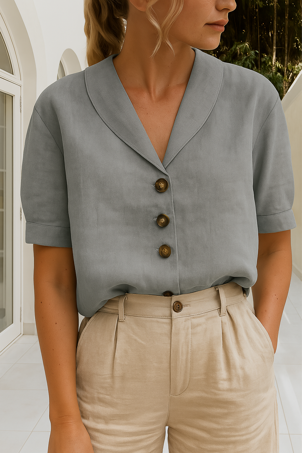 Women's V-Neck Blouse with Button Front and Collar