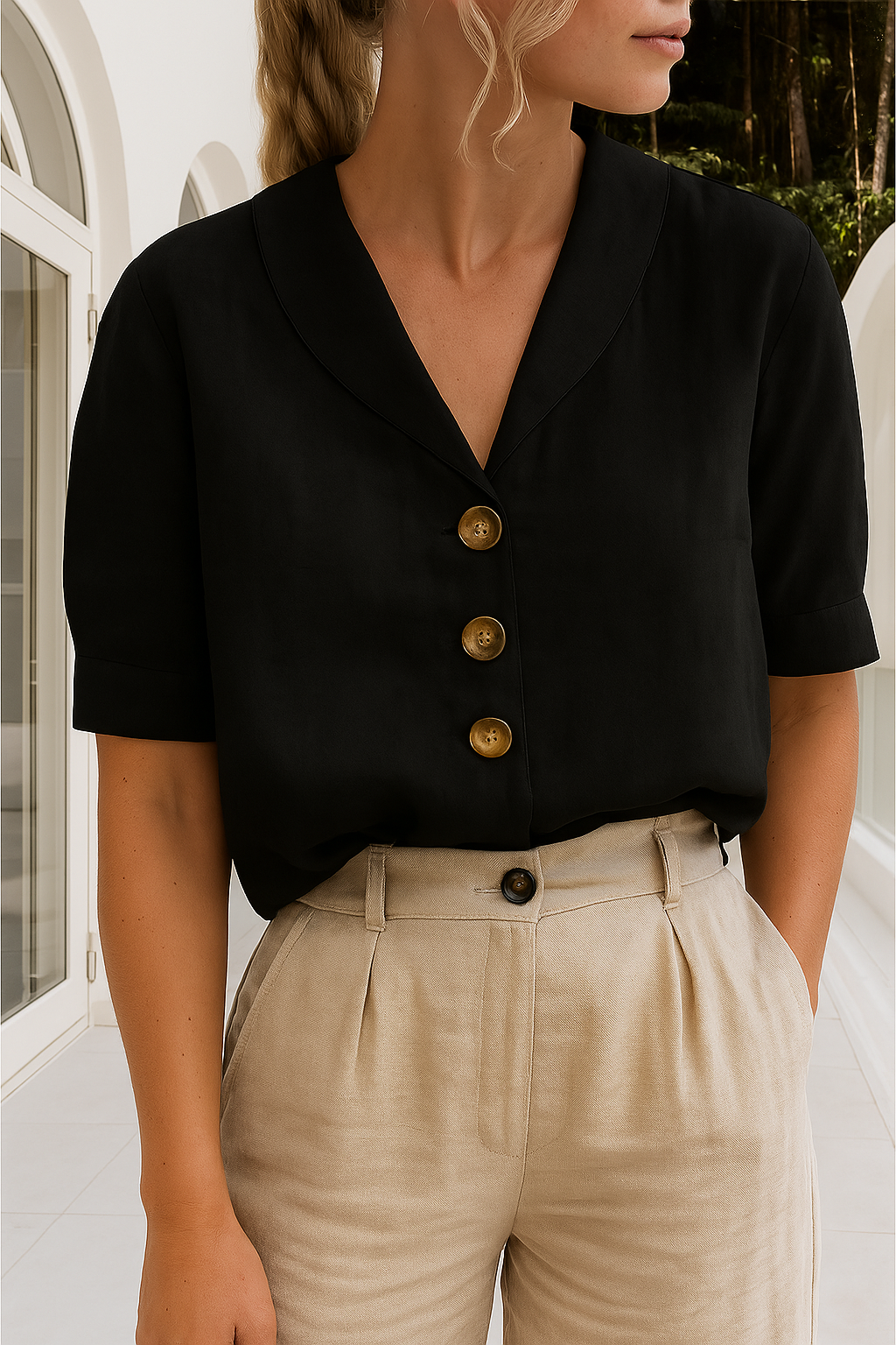 Women's V-Neck Blouse with Button Front and Collar