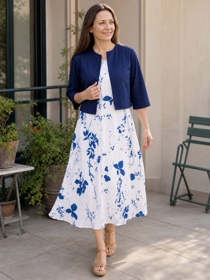 StylebySassy | Elegant Two-Piece Floral Dress Set with Solid Crop Top and Round Neck Dress