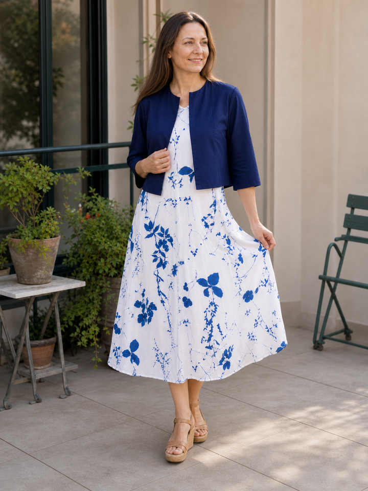 StylebySassy | Elegant Two-Piece Floral Dress Set with Solid Crop Top and Round Neck Dress