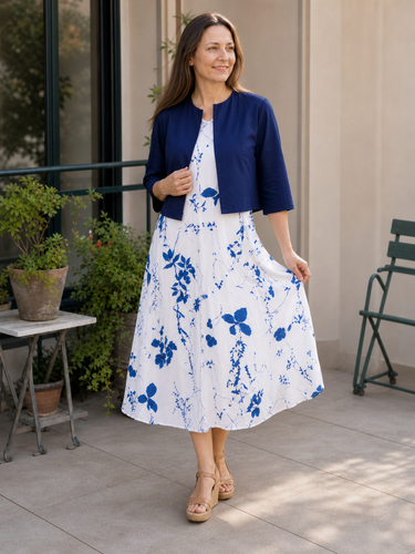 StylebySassy | Elegant Two-Piece Floral Dress Set with Solid Crop Top and Round Neck Dress