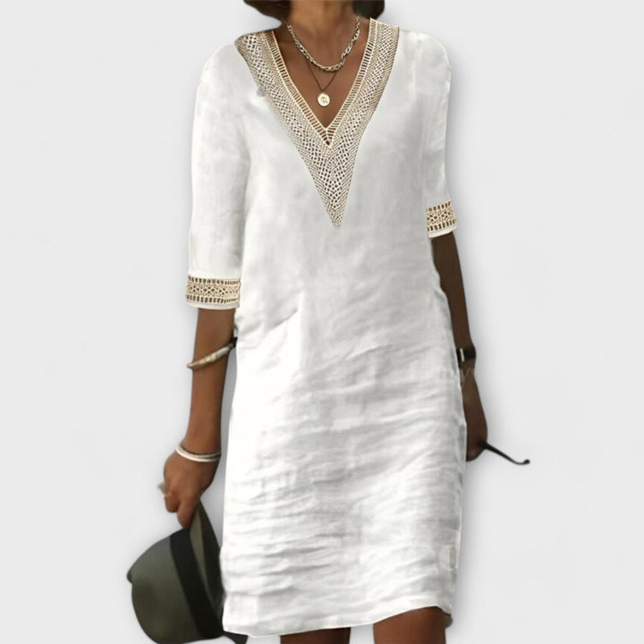 Women's Shift Mini Dress with Deep V-Neck Trim