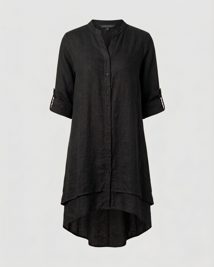 Women's chiffon blouse with Peter Pan collar and double-layered hem.