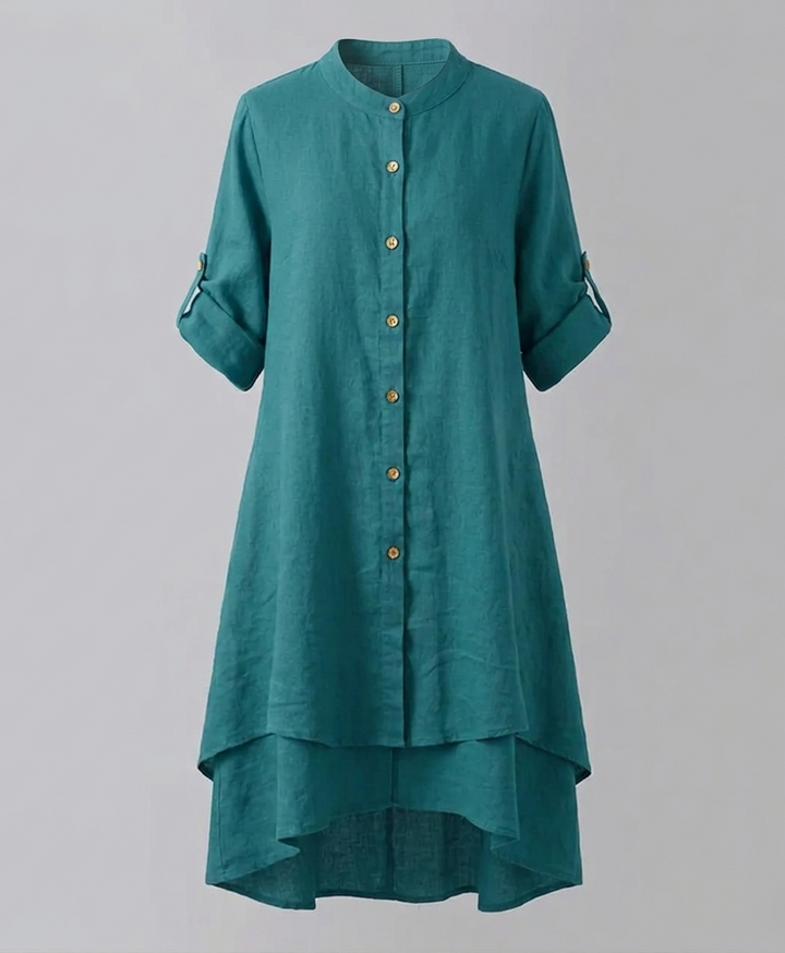 Women's chiffon blouse with Peter Pan collar and double-layered hem.