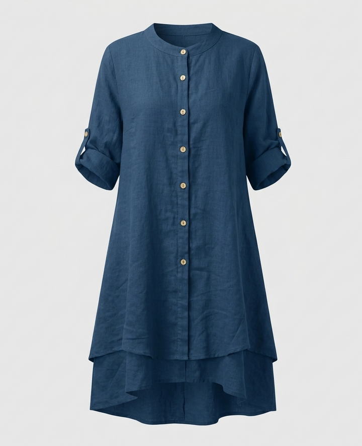 Women's chiffon blouse with Peter Pan collar and double-layered hem.