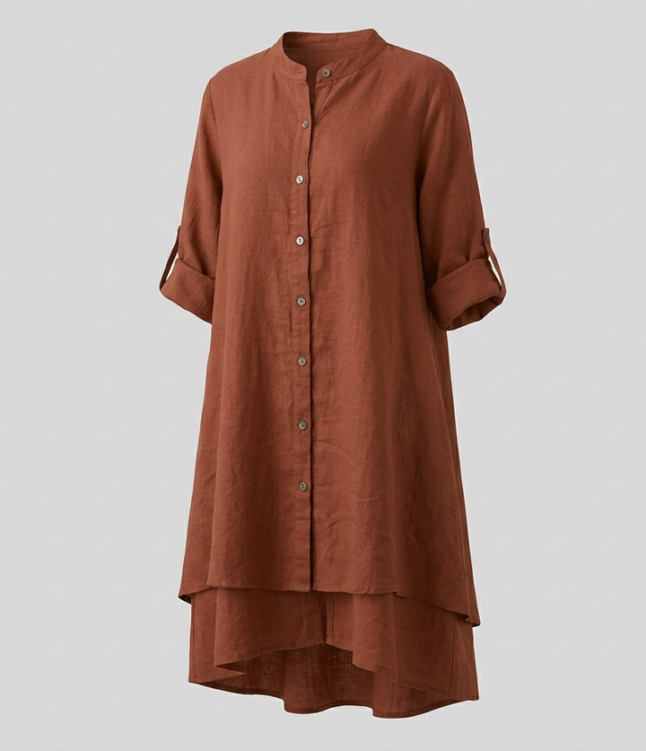 Women's chiffon blouse with Peter Pan collar and double-layered hem.