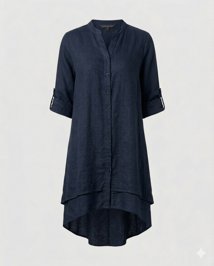 Women's chiffon blouse with Peter Pan collar and double-layered hem.