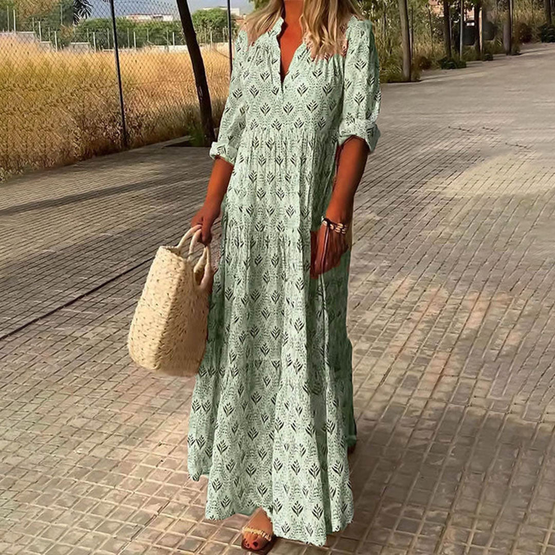 Women's Boho Maxi Dress with V-Neck and Roll-Up Sleeves