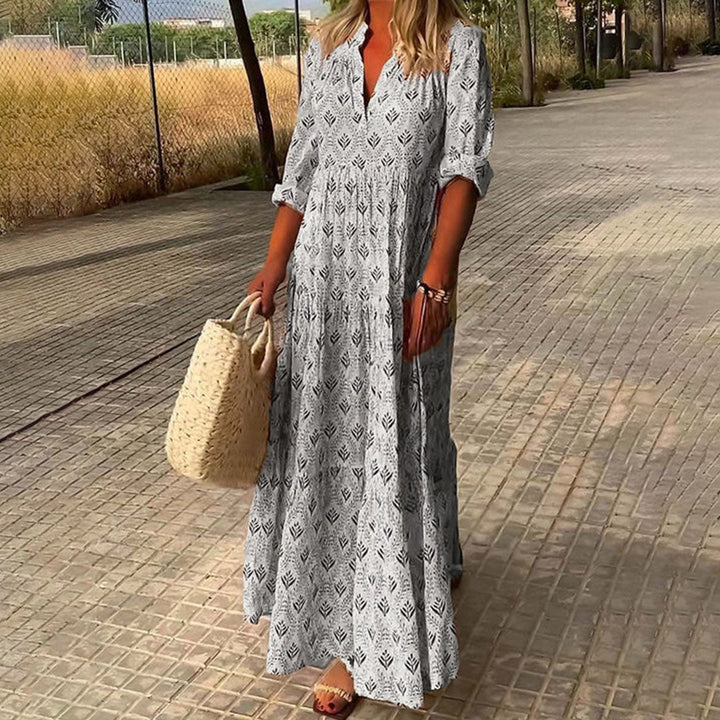 Women's Boho Maxi Dress with V-Neck and Roll-Up Sleeves