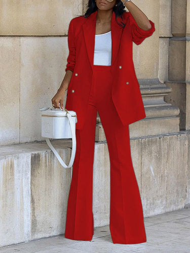 Women's Two-Piece Pantsuit Set, Office Blazer, Double-Breasted, Lapel Collar, Long Sleeve, Elegant