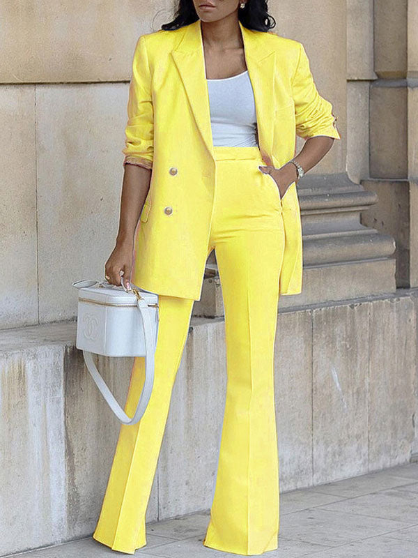 Women's Two-Piece Pantsuit Set, Office Blazer, Double-Breasted, Lapel Collar, Long Sleeve, Elegant