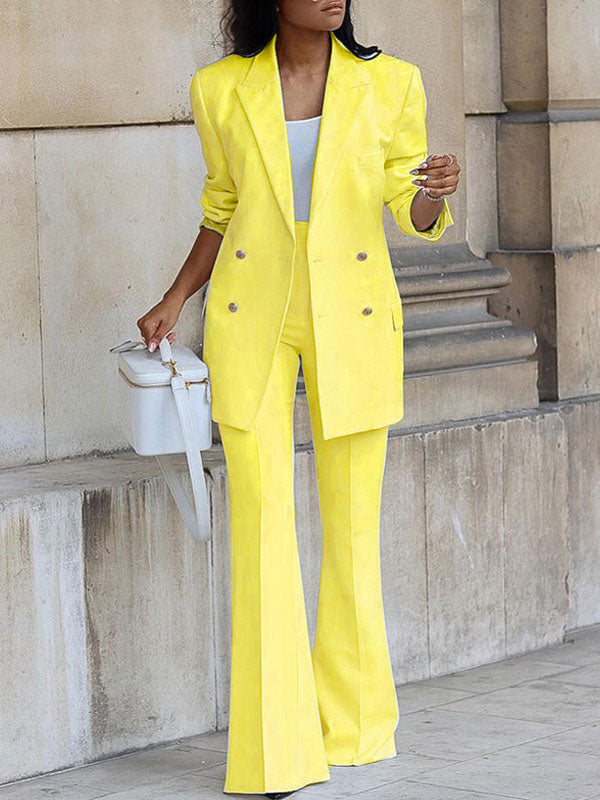 Women's Two-Piece Pantsuit Set, Office Blazer, Double-Breasted, Lapel Collar, Long Sleeve, Elegant