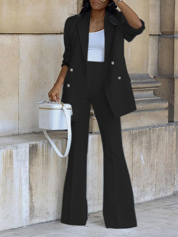 Women's Two-Piece Pantsuit Set, Office Blazer, Double-Breasted, Lapel Collar, Long Sleeve, Elegant