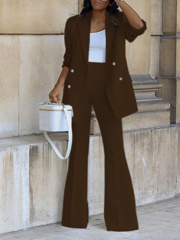 Women's Two-Piece Pantsuit Set, Office Blazer, Double-Breasted, Lapel Collar, Long Sleeve, Elegant